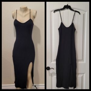 Cider Black Ribbed Front Slit Maxi Dress